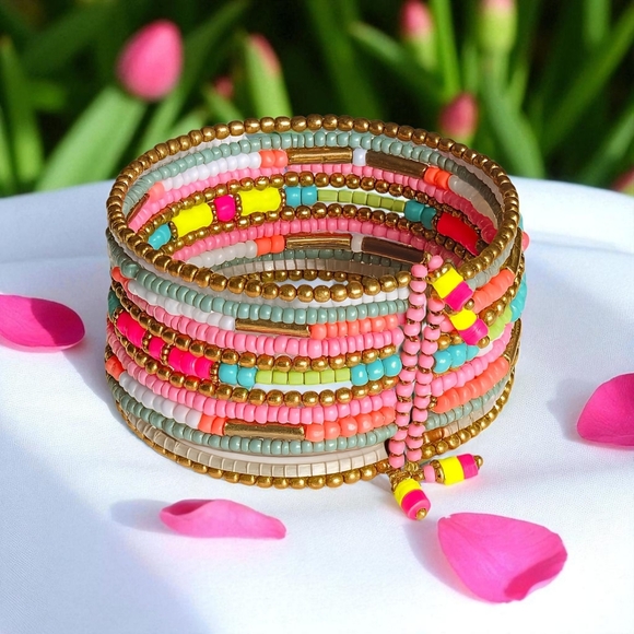 🆕️ Boho Chic Indian Artisanal 🌷Neon-Pastel Beaded Handcrafted Stacked Bracelet - Picture 9 of 14